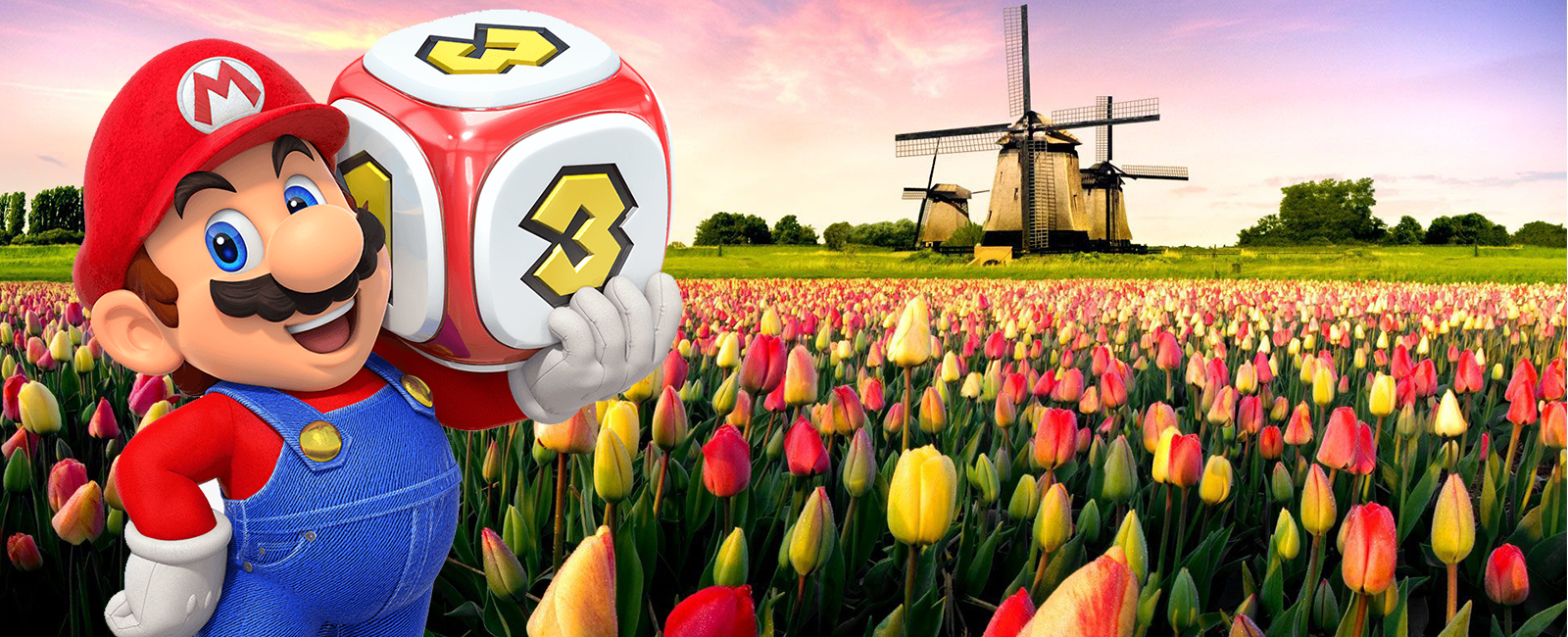 Nintendo-mascotte Super Mario bij een tulpenveld in Nederland