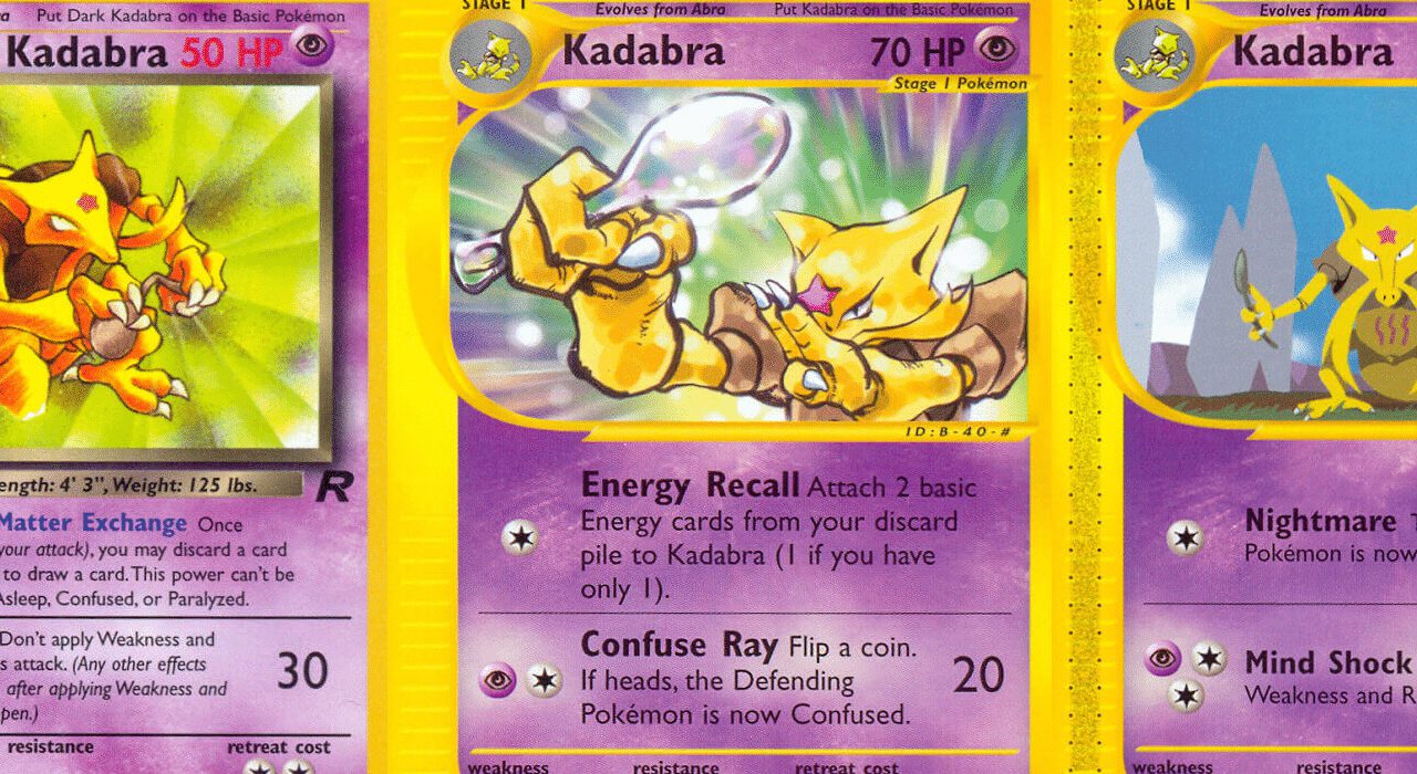 Afbeelding met drie Kadabra-kaarten uit Pokémon TCG