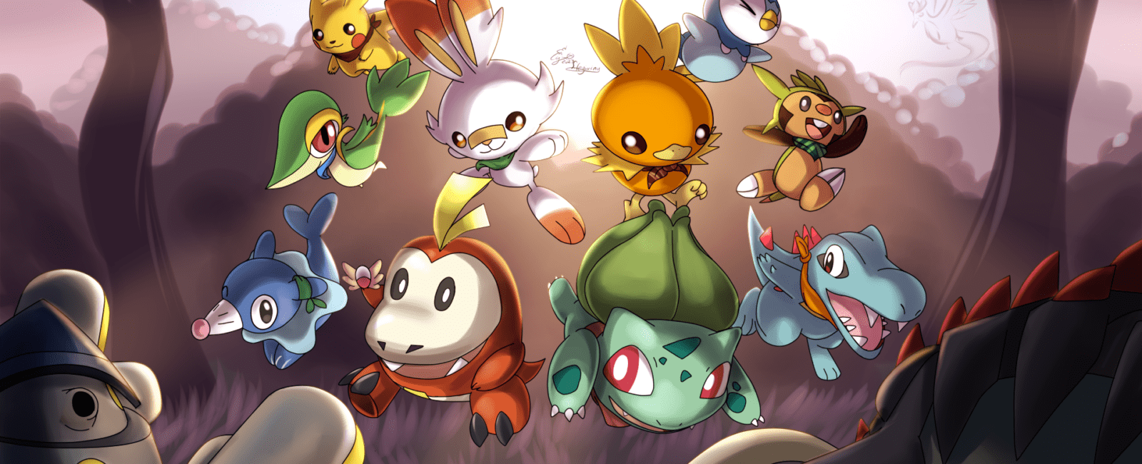 Pokemon_Mystery_dungeon_special_fanmade_fanart_Fuecoco_Bulbasaur_Pikachu_Totodile_Popplio_Chespin_Torchic_Scorbunny_Snivy_Piplup_Pikachu_Iron Hands_ Great Tusk