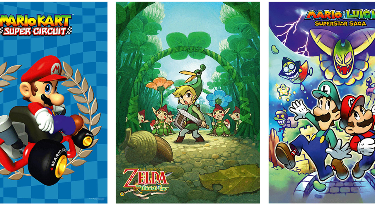 De drie posters van de GBA-posterset in de My Nintendo Store