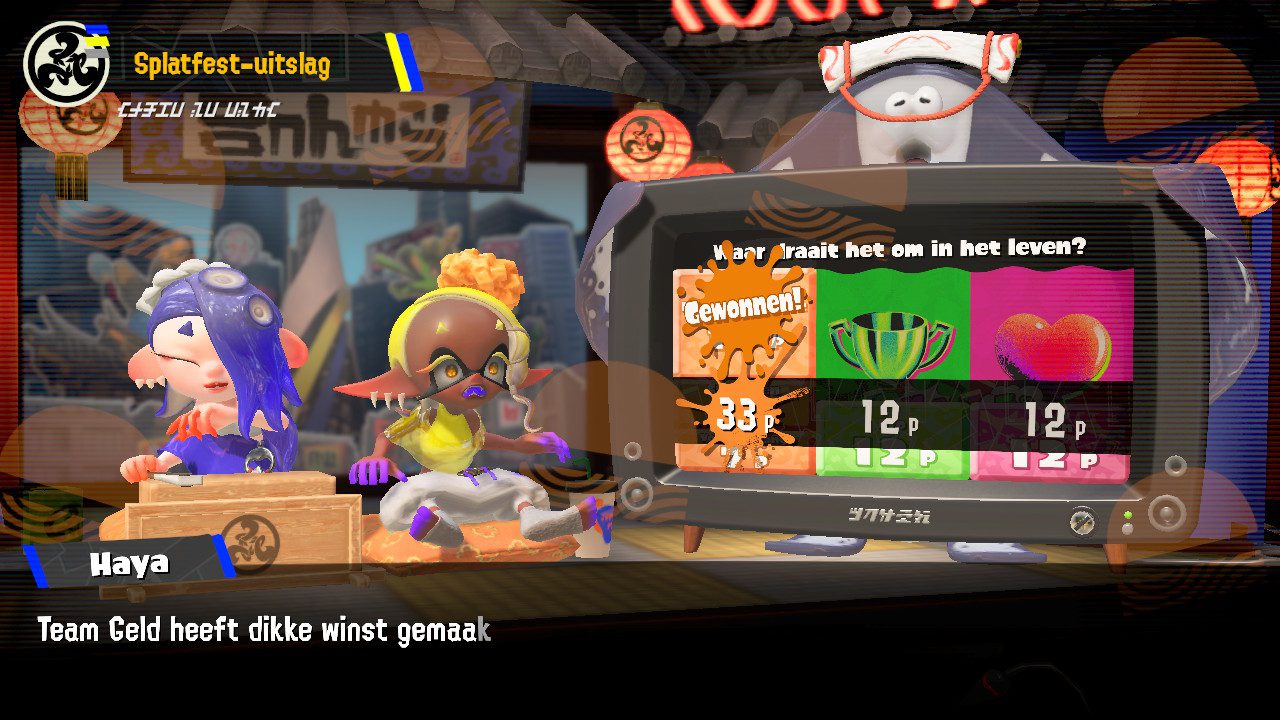 Afbeelding laat de uitslag zien van het Splatoon 3-splatfest van augustus 2023