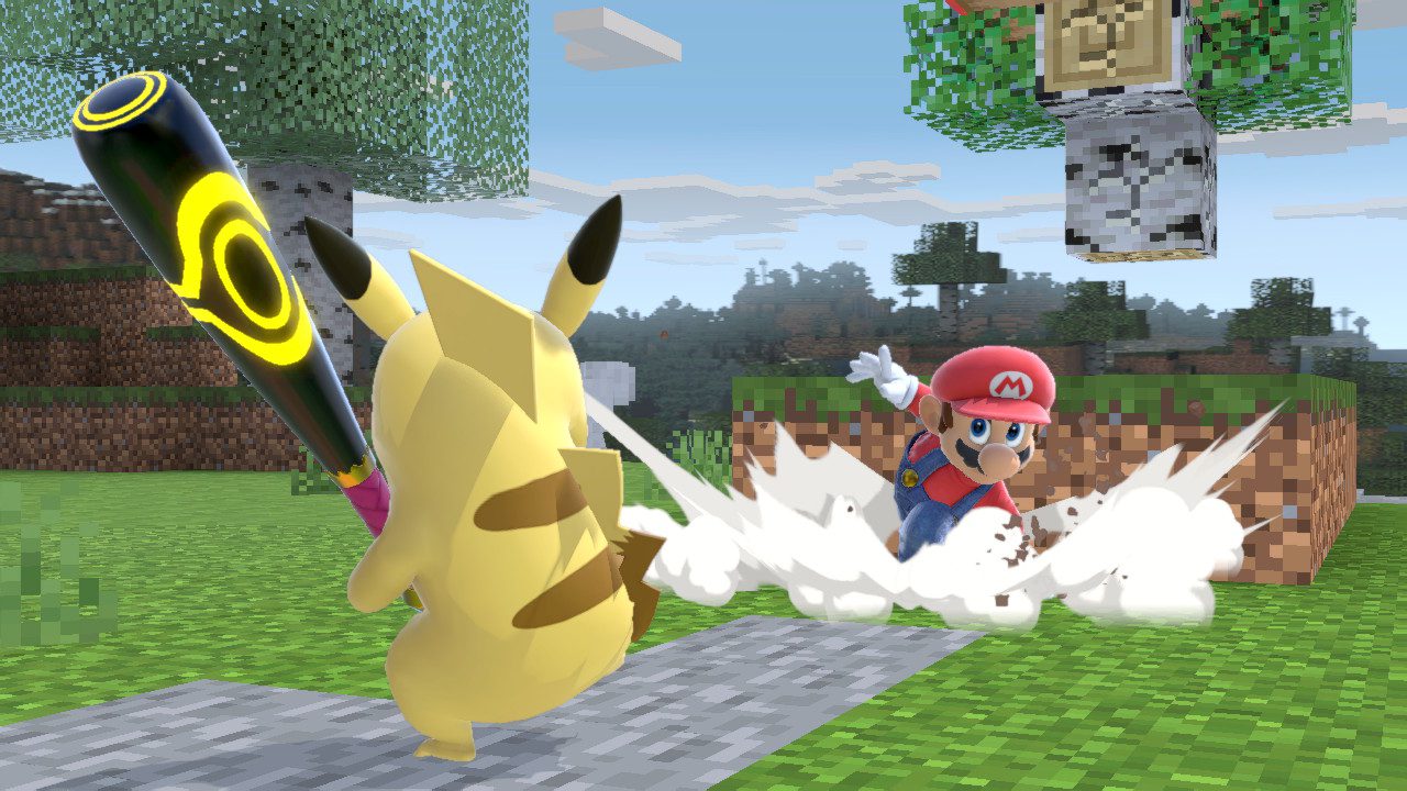Pikachu with homerun bat vs Mario on Minecraft stage Smash Bros Ultimate Nintendo Switch