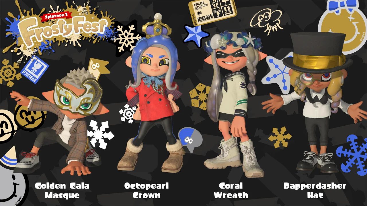 Afbeelding toont de gratis voorwerpen voor Splatoon 3 FrostyFest