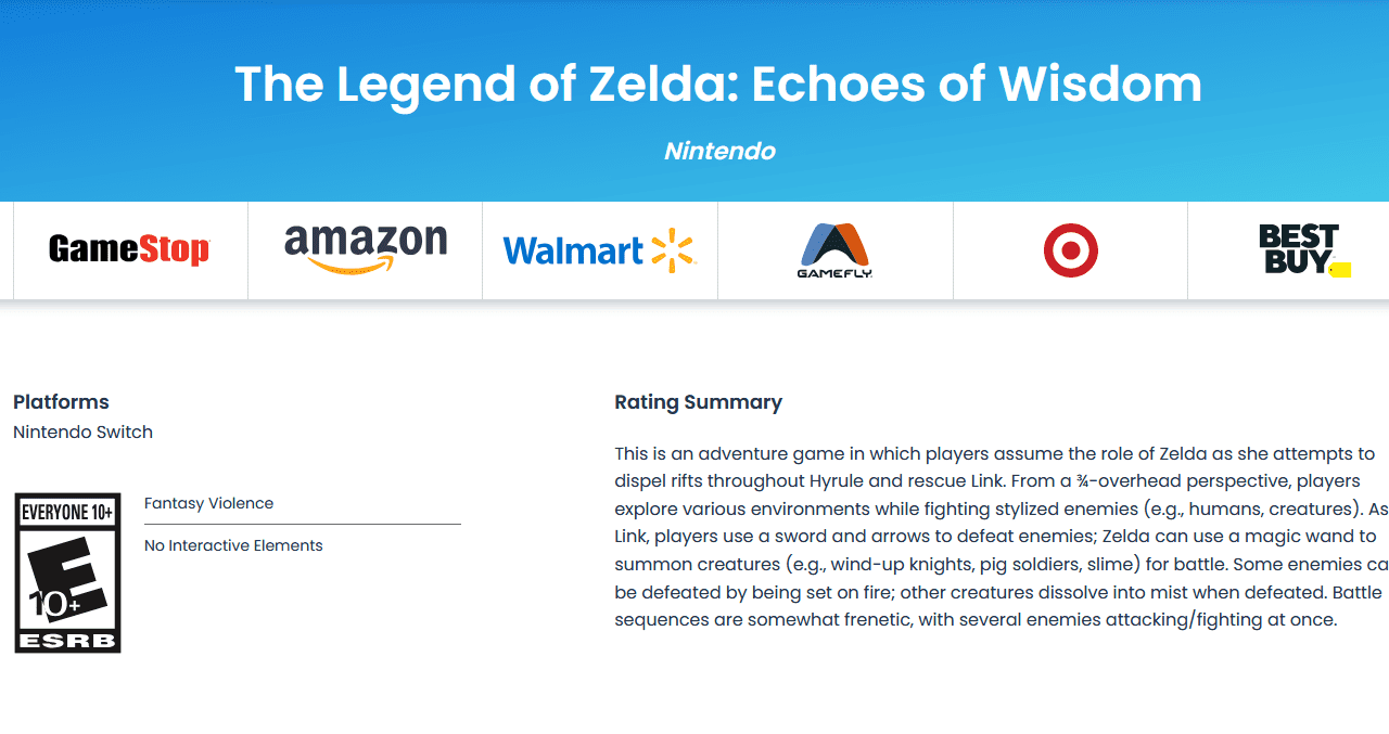 De leeftijdsclassificatie van ESRB over The Legend of Zelda: Echoes of Wisdom