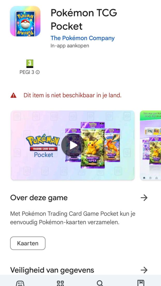 Afbeelding toont dat Pokémon TCG Pocket niet beschikbaar is in de Nederland