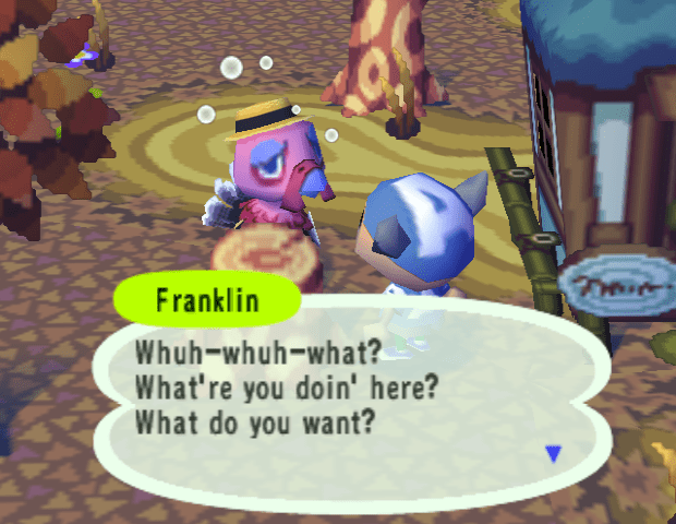 Afbeelding toont het Harvest Festival in het originele Animal Crossing en het personage Franklin